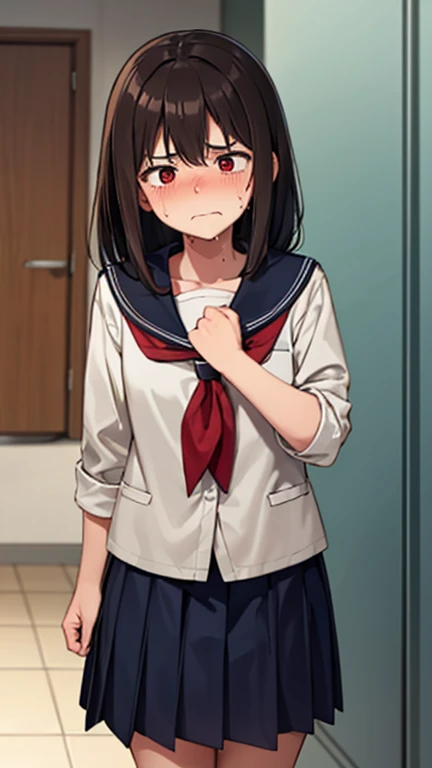 1 futanari girl:1.3, alone, Long Hair, Black Hair、Big Breasts, View Audience, blush, smile, Open your mouth, Brown Hair, shirt, bow, hair band, Brown eyes,, indoor, erection:1.3, futanari:1.4, erection, ,Wearing a sailor uniform、Expressionless、blush、Sweaty、Big Breasts、Big cock、Nice body、A penis is growing、My penis is pushing up my skirt、Anatomically correct body