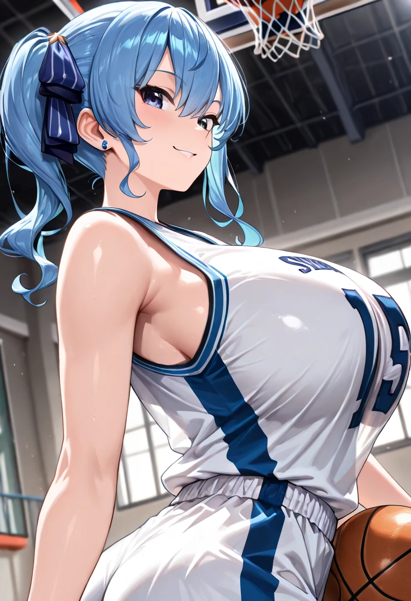 Gym, Exercis,(Cheerleader), hot, sweating, Sweaty,, huge , teeth, lift, ponytail, Purple Hair, White sports bra、White sports pants、Green Eyes、Underarm、