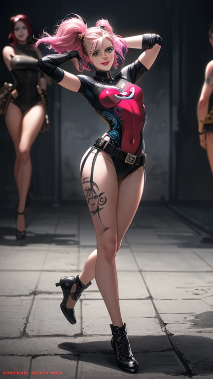 Harley Quinn, (((whole body))),super muscular build and average breasts.,wearing an open black leather vest..,There is a black leather belt at the waist, tight pants, and heavy boots, She has a punk rock look and an asymmetrical bob hairstyle... Harley Quinn inspired makeup....., Hyper-realistic close-up photograph of Harley Quinn, masterpiece, Best quality, (photorealistic:1.4), post-apocalyptic peace. Pay attention to subtle details, Sharp Focus, NSFW.