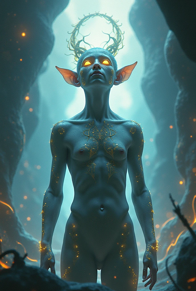 a beautiful naked elf girl, beautiful ancient gate portal to another universe, nature, alien planet, alien jungle, naked space elf girl, nude, long black hair, purple eyes, amazing scene, magical powers, magical energy,