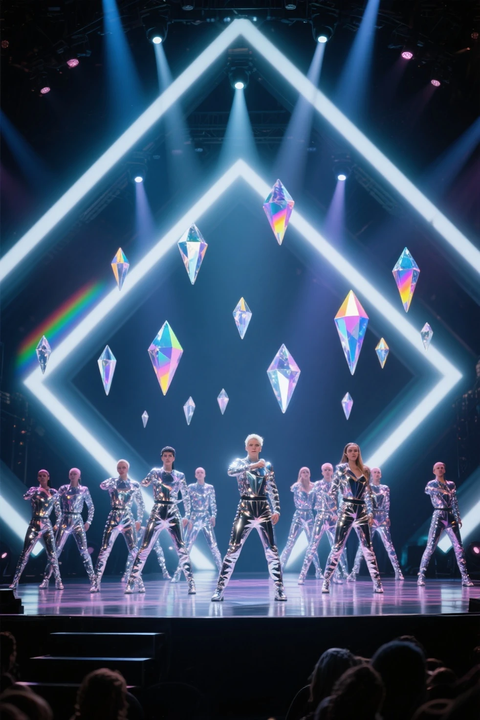 A woman with short white hair stands in front of a mirror, Sky background over the city,Panoramic views of the city, holographic projections, two models in the frame, Holograms, Infinite mirrors, voluminetric lighting, Movie holograms, ((((voluminetric lighting)))), holographic interface, Large array of data holograms, large cyberarrays data holograms, handpainted