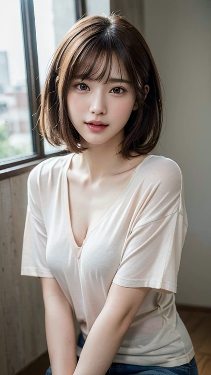 (Masterpiece 1.8), Ultra HD, high quality, Ultra-high resolution, Realistic Face, Realistic portrayal Realistic Face, K-POPアイドル, Clear skin, short hair, Full body photo Provocative eyes (Denim shorts), (small breasts),thick lips, ((tight white plain t-shirt)) , underboob, crawling position,
