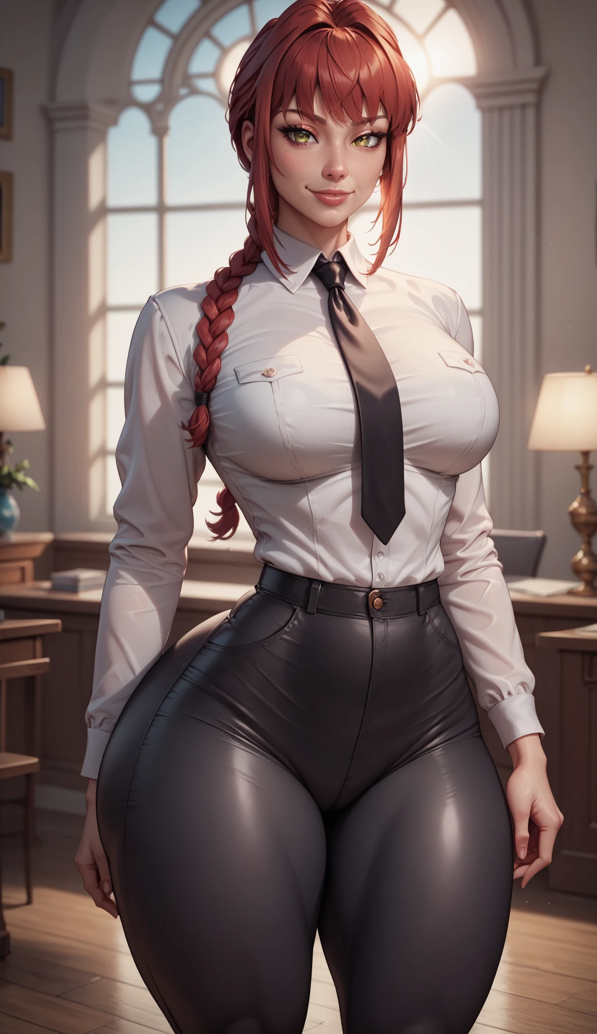 /draw (masterpiece, best quality), 8k, ultra-detailed, realistic photo, detailed face, perfect illumination, beautiful eyes, bright ginger hair, bright hair, beautiful legs, side photo, beautifull, cute, skin pores, 1girl, standind in office, hiking, office pants, perfect shirt, full dressed, beautyful women 20 years, beautiful proportions, russian woman, caucasian, european, businesslady, stunningly beautiful woman, milf, thick legs, big chest, (thin white shirt:1.4), thick, hot, (white office clothes:1.4), skinny pants, (wide hips:1.2), thick, (white office pants:1.3), spread legs, legs open, in full growth, wide hips, glasses