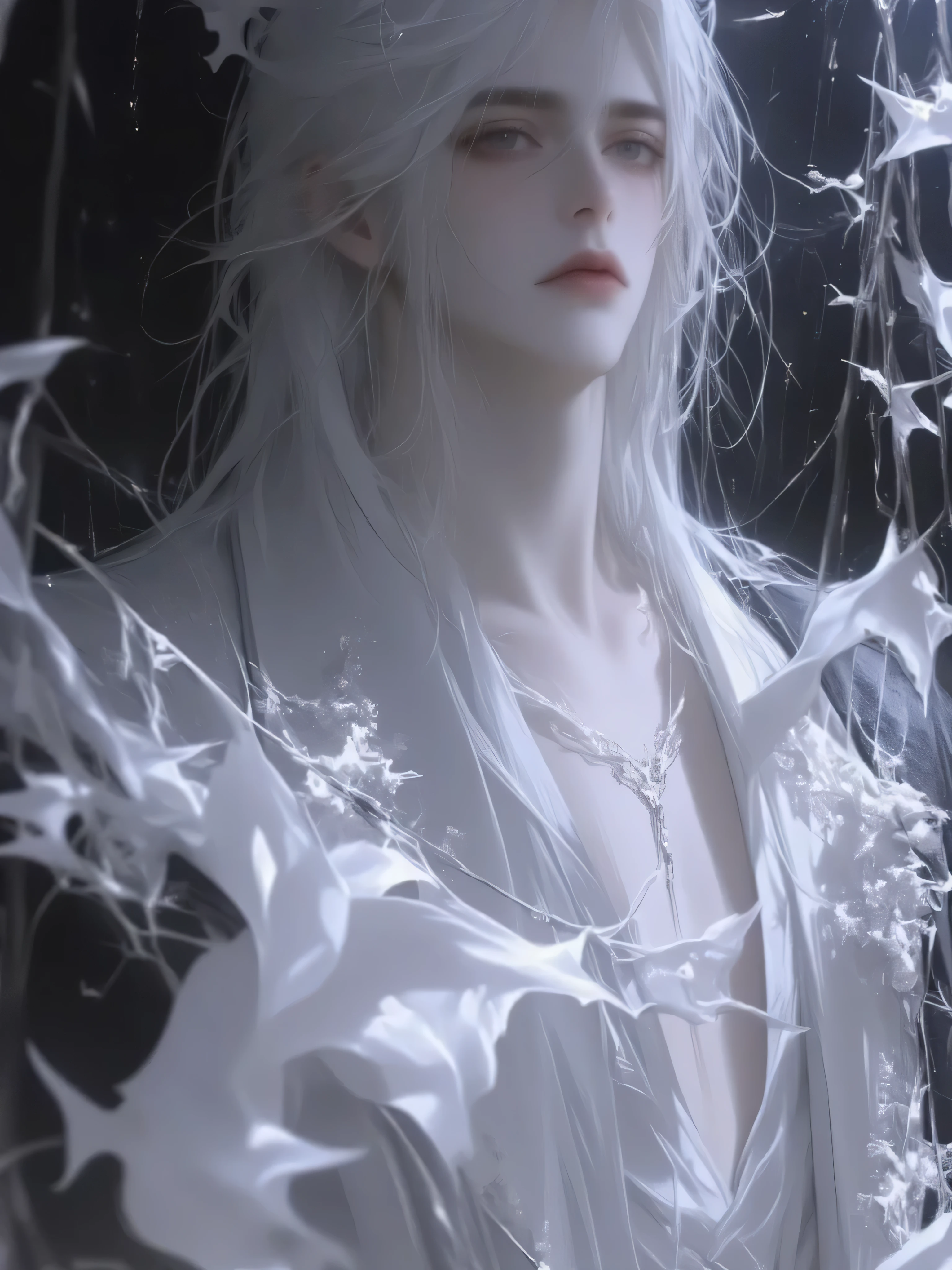 a handsome man with long hair antique black hair,a handsome man with long hair, an ancient brunette in a fairy-looking white Hanfu, traditional Chinese clothing , Double eyelids,Japanese Manga Style,The throat is obvious