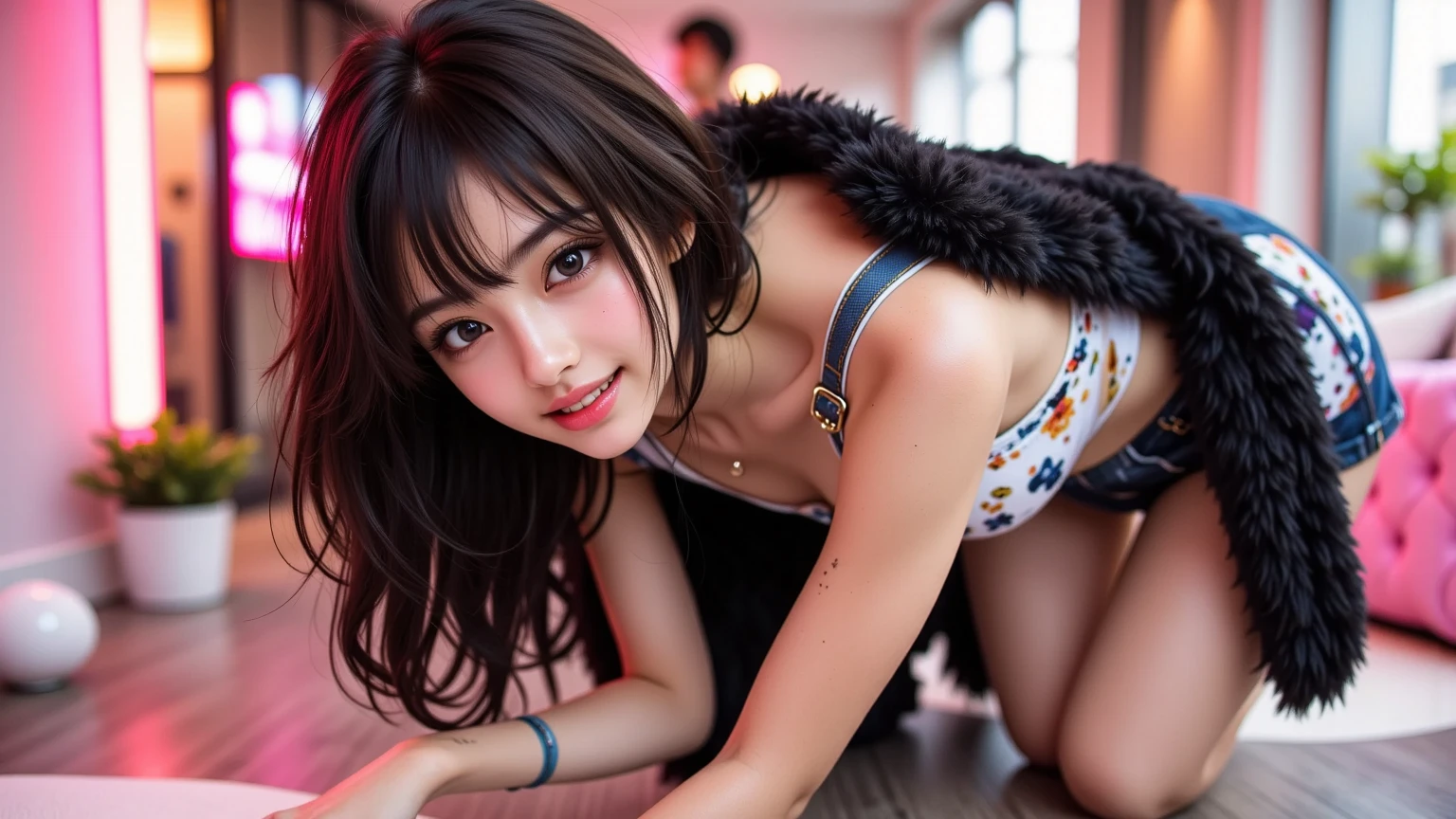((8K, RAW Photos, Highest quality, masterpiece), High-resolution RAW color photos、Professional close-up photography, (Realistic, Photorealism: 1.37), (Highest quality), (Best of the darkest illustrations), ((cute, beautiful, Ultra-high resolution, High Definition CG Unified 8K Denden Wallpaper, Physically Based Rendering, Cinema Lighting), Analog Style, elegant, thank you, UHD 8K, Digital SLR, Fujifilm XT3, Vibrant, Frank, Dramatic and immersive sunsets, (Detailed face, Skin Texture), Film Grain, Natural light, looking at the camera,(Pin-up model),(1 Japanese female),(Photo of a 25 year old Japanese woman), (compensate:1.1), (eye shadow:1.1), (blush:1.1), (Eyeliner:1.1),((Sexy Face)), ((A thin, sheer white lace tight dress:1.2)), ((blonde mesh hair)), ((Wavy long hair)), Las Vegas Casino, beautiful detail eyes, Light on the face, ((Cowboy Shot: 1.2)), Particularly strong light, (Upward glance, Grinning smile:1.2),Shiny skin, shy, (Bright purple eyes:1.4), ((Excellent anatomy: 1.2)), ((Bright and refreshing Las Vegas Casino, The background is blurred: 1.2)), Perfect Face, beautiful face,Lean forward,cheek,blush,A face in love,View your viewers,Please sit down,Show me your body,Fishnet tights,,squat,leotard,From below,Show me your panties