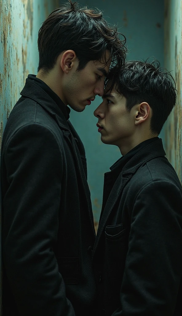 2 boys, yaoi, Stunningly Handsome man, looks exactly like jeff stryker, medium length curtain hairstyle, muscular bodybuilder, kiss, with a handsome korean man, back leaning against jail bars, in dark depressing prison cell, grabs his own breasts, flaccid, uncut penis, flaccid, dripping precum from penis, editorial photoshoot style, extremely dramatic shadows