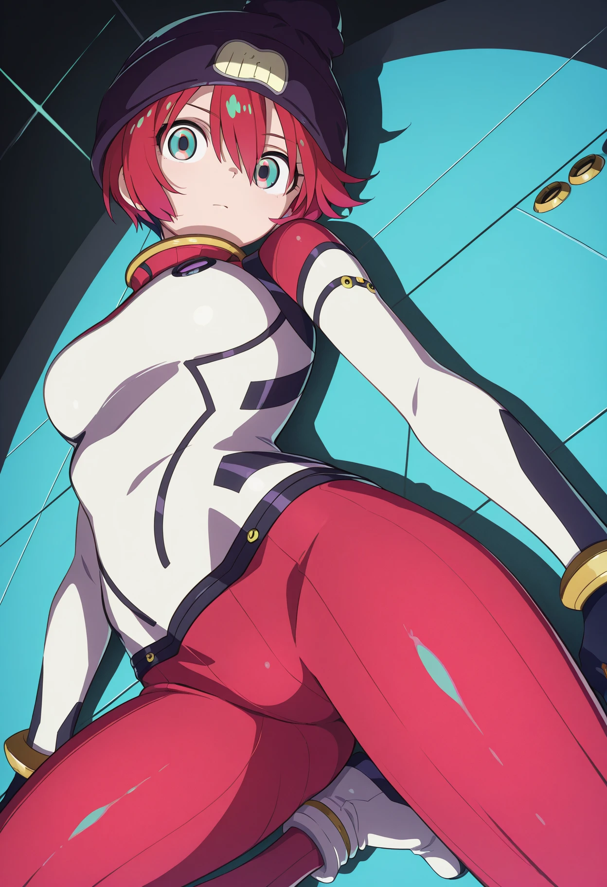   Amate Yuzuriha  ,one girl on her back,solo,staring at the viewer,
  Amate Yuzuriha  \(pilot suit\),Beanie,
Dynamic Pose,
masterpiece,of the highest quality,great quality,very aesthetic,absurd dress,