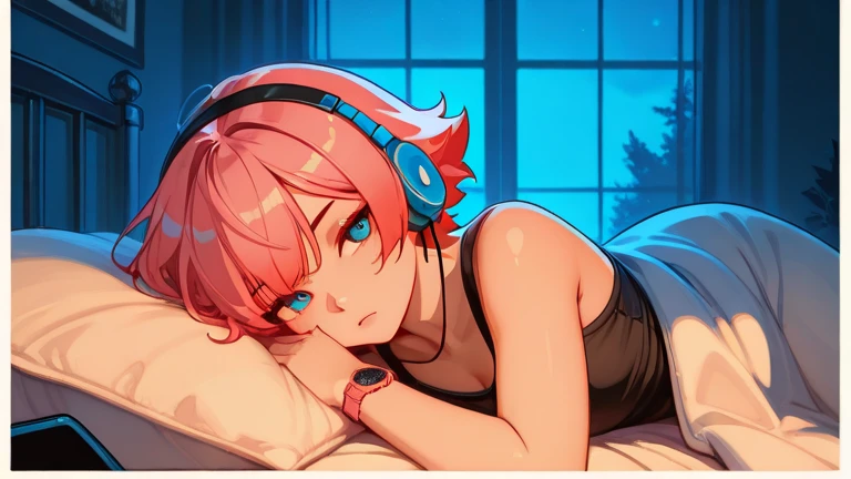 cute gamer girl wearing thong and sexy pink bra, blue eyes, pink hair, small boobs, watching TV, laying on stomach in bed