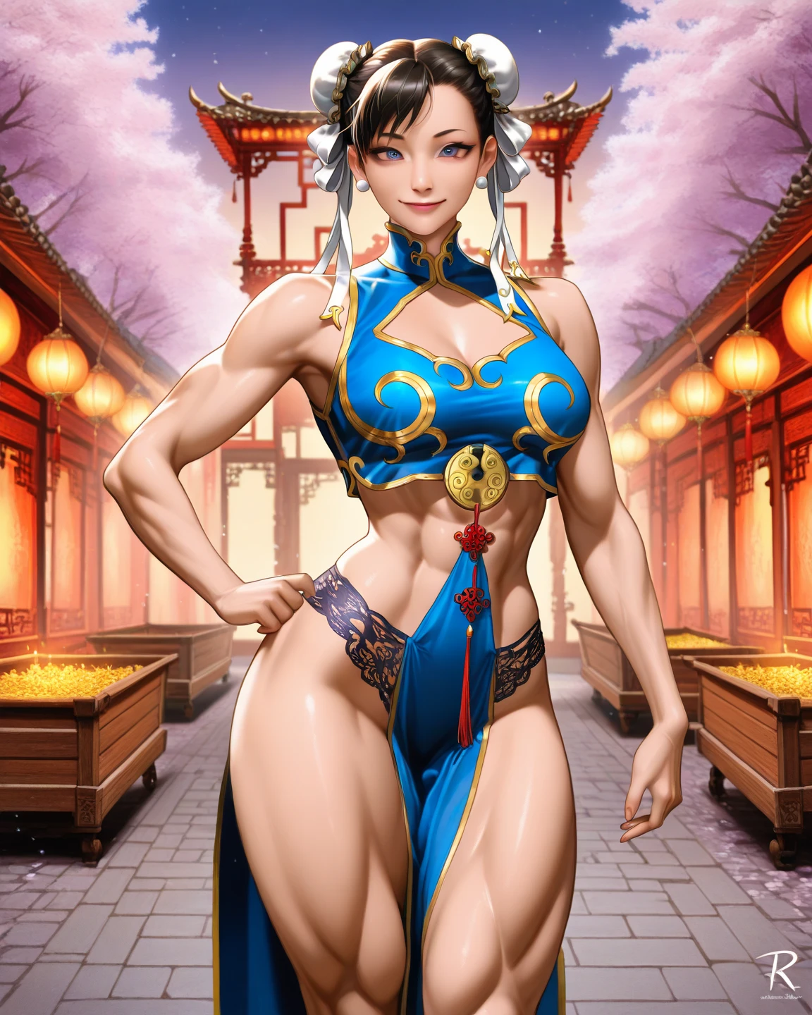 (Muscular:2.5), (thick thighs:2.5), 
(asian female, black hair, hairbuns:1.5), (adult), beauty mark,
(earrings, eyeshadow, lipstick), 
detailed eyes, (big smile:1.3), detailed skin,
(small breasts:1.5),
(chun li outfit:1.5), (spike bracelets, brown pantyhose, china dress:2),
(upper body view:1.4), (looking at viewer), (three quarter view:1.6),
abandoned japanese village, rim lighting, two tone lighting, dimly lit, bokeh