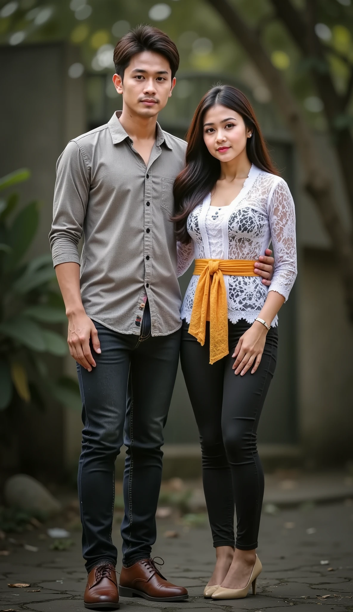 an Indonesian man and an Indonesian woman standing next to each other, an image, inspired by Adam Dario Keel, which is trending in the cg community, a handsome young Indonesian man with a beautiful young Indonesian woman with black tangled hair, a man dressed in a shirt with shoes and a woman dressed in a shirt and skinny jeans and heels. singer, movie screencap, model elisajes from acquamodels, ultrarealistic, 32k