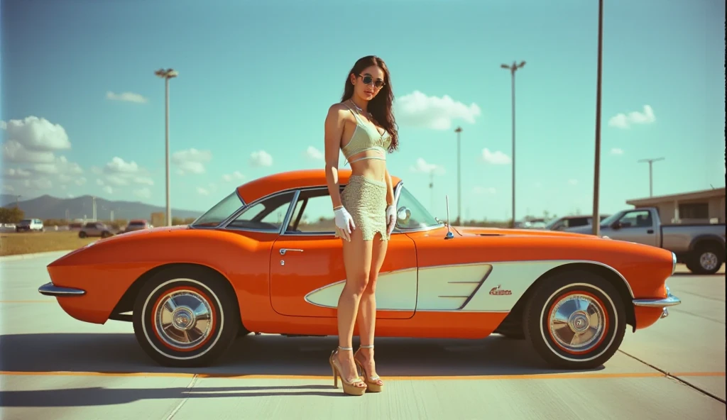 beautiful tanned and athletic brunette Italian woman poses stan up near a General Lee car, she dress as sexy girl of GeneralLee movie perfect soft abs, she spreads her legs, big tits, athletic and perfect body, total body shot, realistic, analogic photo, Canon (big tits),