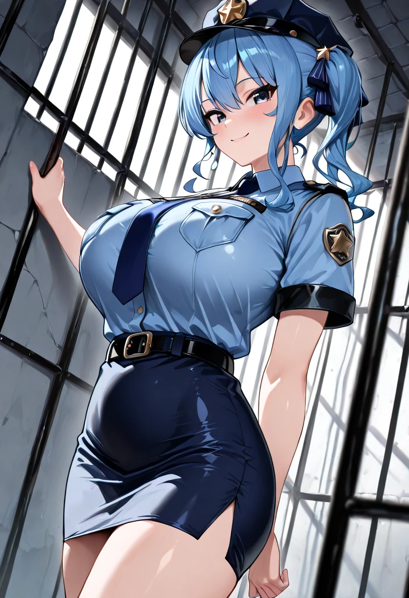 masterpiece, Anime Style, nsfw, prison, Jail, Face Enhancement, 3woman, Blonde, Silver Hair, Kuroku,Ahegao, standing, Raise your arms, ((huge breasts:1.4)), Curvy Body, Armpit, Hami Breasts, Nipples, Pussy, latex police costume, sleeveless, Police hat, mini skirt, Long gloves, Knee-high boots,