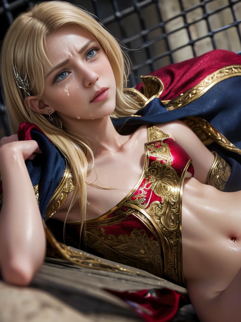 (((masterpiece, best quality))),(((high quality))),(((high resolution illustration))),(((hyper detail))),NSFW,(((Wordsworth's Sharon))),(((Very beautiful long blonde hair))),(((Very beautiful face))), ((((Detailed face)))),(((very beautiful blue eyes))),(((Realistic Skin))),(((her face is flushed))),(((slim body))),(((slim thighs))),(((small breasts))),(((very beautiful slender legs))),(((blue and red armor, thong bikini, cape, navel, thighhighs, with extremely detailed and intricate decoration))),(((boots with extremely detailed and intricate decoration))),(((cloak with very detailed and intricate decoration,))),(((beautiful earrings))),(((beautiful hair ornaments))),(((in the old dark deep forest:1.2))),(((late at night:1.7))),(((wet her skin))),(((Sharon is crying with tears streaming down her face:1.3))),(((torn clothes:1.0))),(((running))),(((Sharon is desperately trying to running escape:1.5)))