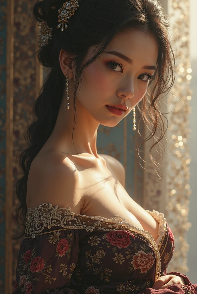 (best quality,8k,hd,masterpiece:1.2),super detailed, young woman, wearing beautiful dress, with plunging necklines, her nipples partially exposed, focal point on their hard and puffy nipples, nsfw:1.1