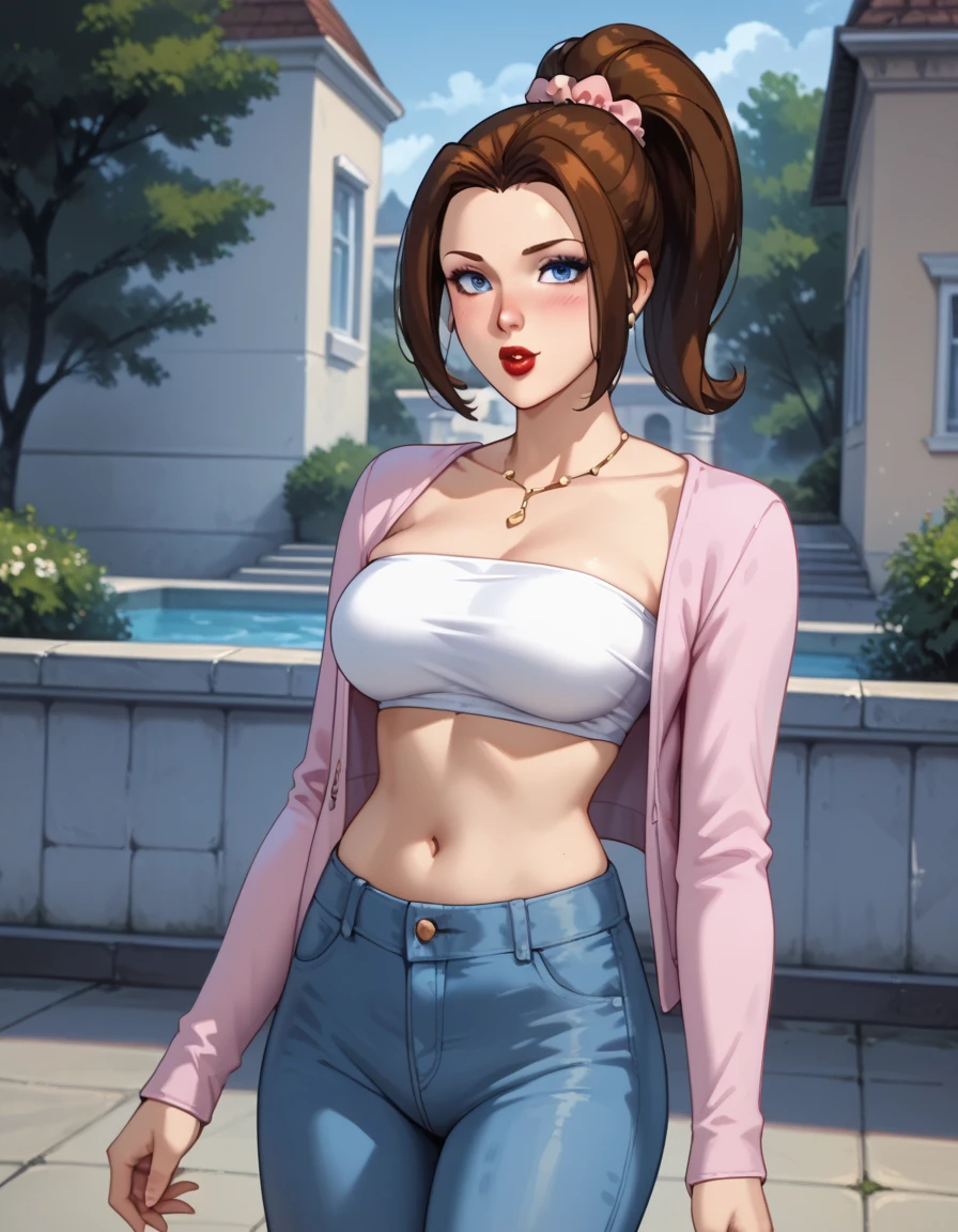 score_9, score_8_up, score_7_up,score_6_up, score_5_up, score_4_up , 1girl, solo, tekken 8_lily, pink thighhighs, blue eyes, nail polish, long hair, brown eyes, brown hair, open mouth, cowboy shot, simple background