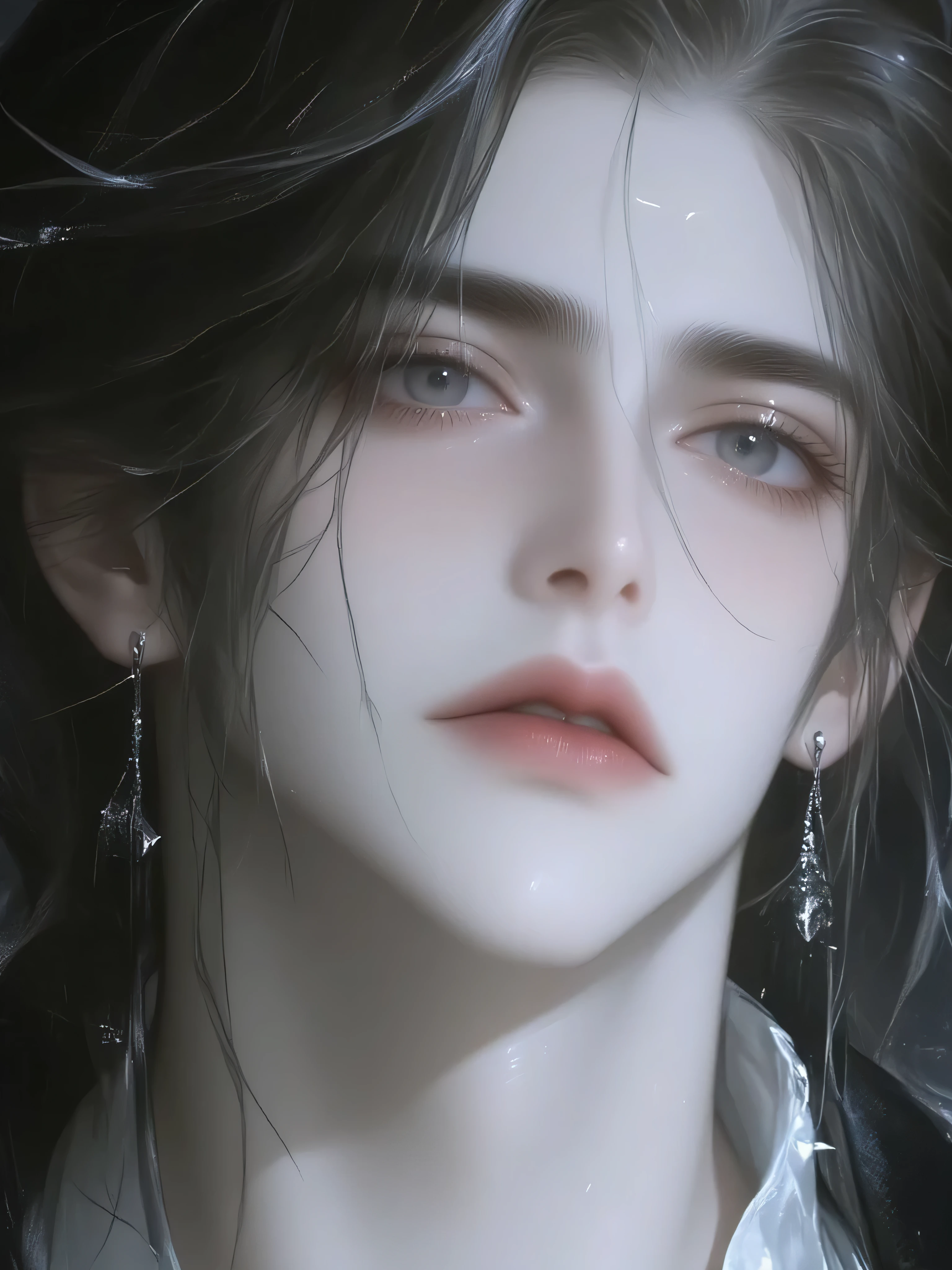 a handsome man with long hair antique black hair,a handsome man with long hair, an ancient brunette in a fairy-looking white Hanfu, traditional Chinese clothing , Double eyelids,Japanese Manga Style,The throat is obvious