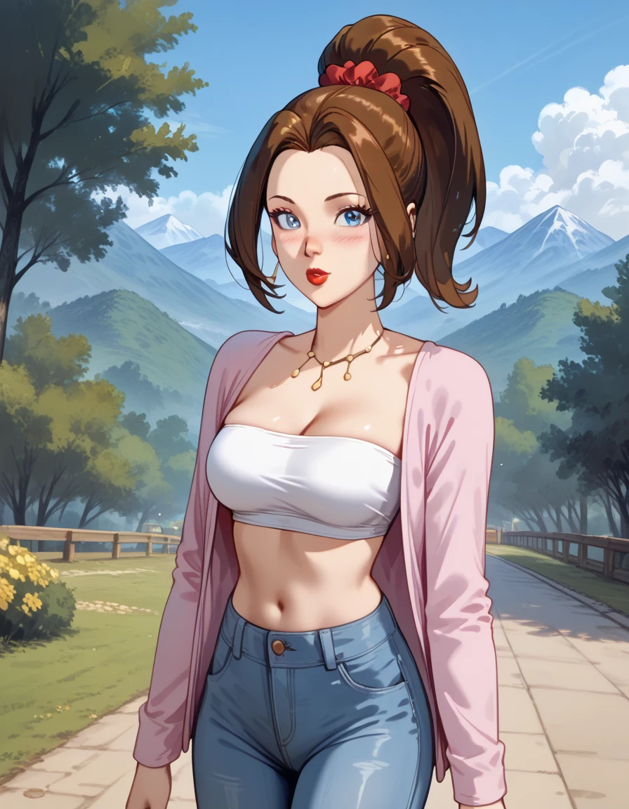 <lora:CARTOON_X_MEN_Evolution_KittyPryde_ownwaifu:0.7> KittyPryde_Dress_ownwaifu, 1girl, brown hair, ponytail, necklace, jewelry, blue eyes,  lipstick,long sleeves, lips, long hair, medium breasts, blush, hair bun, scrunchie, makeup, red lips, hair ornament, jeans, denim,  shirt, blue pants, navel, capri pants, pink jacket, cardigan,  <lora:ban!_locon_v2_5e4_32d_16c:1>, absurdres, ultra detailed, masterpiece, best quality, aesthetic, detailed,
