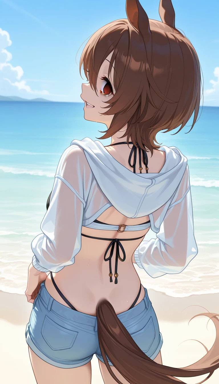 masterpiece,Best Quality,top-quality, {{{1 woman}}},Agnes Tachyon\Umamusume,{{{short-hair}}},{{{horse ear}}},Brown hair,{{{de pele branca}}}, red blush,Nasty face,A slight smil,Red eyes,Five Fingers,bare clavicle,{{Normal breasts}},black bikinis,Short denim for the lower body,plein air,{{{the beach}}},Bold poses,My skin is very wet.,My skin is very wet.