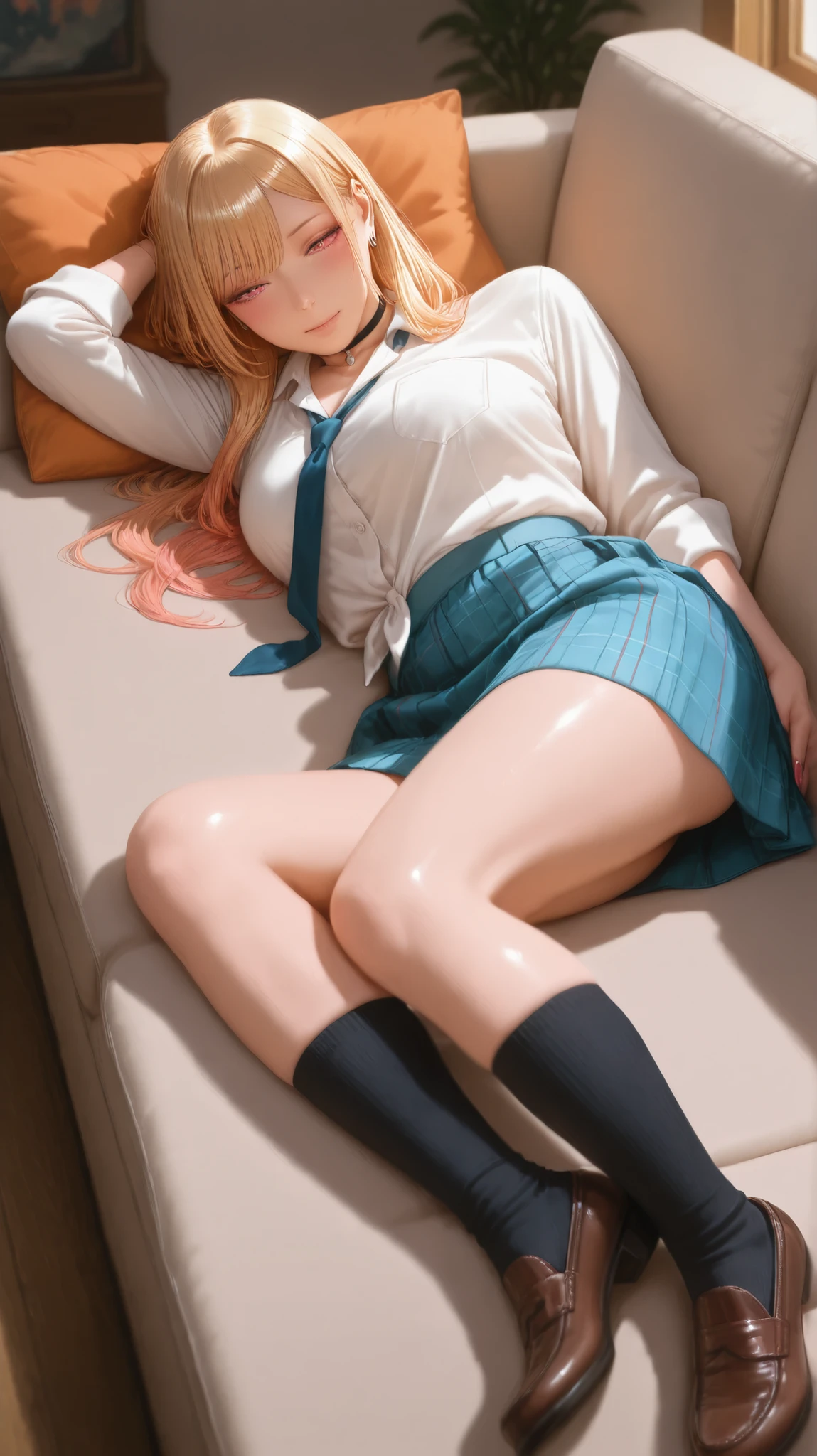 Photorealism、Highest quality、Ultra-high resolution、Woman in uniform sitting on bed、Low angle shot:1.5、(M-shaped foot:1.4)、((Showing panties:1.5))、A sexy look for the camera、((blonde:1.4))、((pink silk panties))、((Panties close up:1.4))、Tartan Check Pleated Skirt、Knee socks、A cute and beautiful face down to the last detail、(PurerosFace_v1:0.008)、Brown eyes、eyeliner、blush、Embarrassing、Glare、 Glossy Lips: 1.4, impatience、was scary、Glare、Panty Appeal、Panties close up:1.3、blush、is crying、cry、Open your knees、Spread your legs、Disheveled clothes、dressing、Medium Long Hair,In the bedroom、Anatomically Accurate human body、Two arms、both hands、Five Fingers、Two legs、Accurate human body