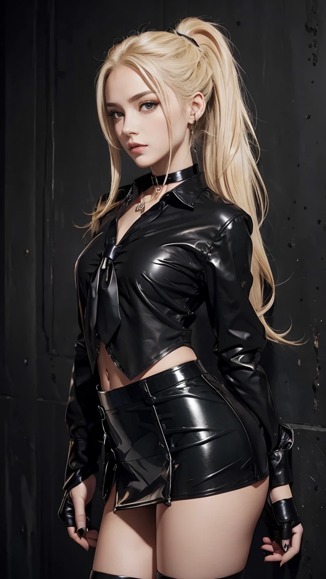1 Girl, (blue eyes), (Angry face :1.2), (Minatozaki Sana), Wide hips, Large target , Big Ass, (best quality, 8K, masterpiece: 1.3), Be focused: 1.2, Perfect body beauty: 1.4, Strong abdominal muscles :1.2, Highly detailed face and skin textures, Delicate eyes, Double eyelids, (Eyes have black lines :1.1), Red lips, (Long blond hair :1.2), Black latex pants, Sexy latex police, Police badge, cap, belt, permanent, Hands on hips :1.3, Tokyo night streets, Blurred background