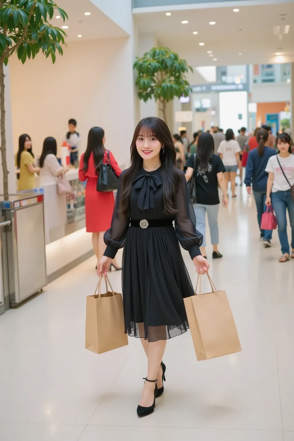 In a bustling mall in Manila、A beautiful young Filipino woman walking gracefully。She wore a simple and elegant dress.、Bright and healthy skin glowing。Her black, lustrous hair sways gently on her shoulders.、Her elegant smile accentuates her face even more.。holding a shopping bag、Looking curiously at the window displays、Every time I find a store I like, I stop by.。Blending in with the hustle and bustle of the surrounding area、It stands out with its attractive presence。