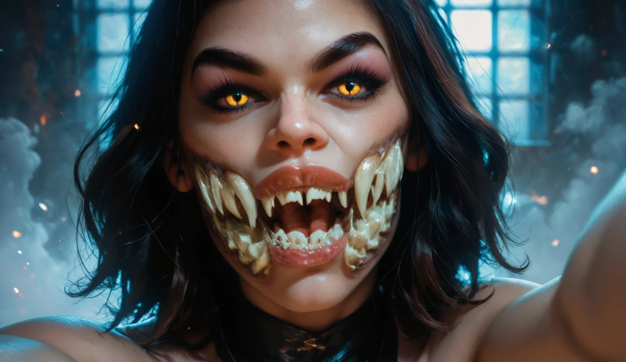 Melina from Mortal Kombat takes a selfie in her canonical costume, showing off sharp teeth. She smiles with a predatory expression, in her eyes — a dangerous gleam. Background — dark , with a mystical fog or subtle silhouettes of enemies. Style — detailed, semi-realistic, with emphasis on her vivid image: green and blue shades of costume, pointy claws, aggressive pose. The lighting is dramatic, with contrasting shadows, emphasizing her supernatural nature.