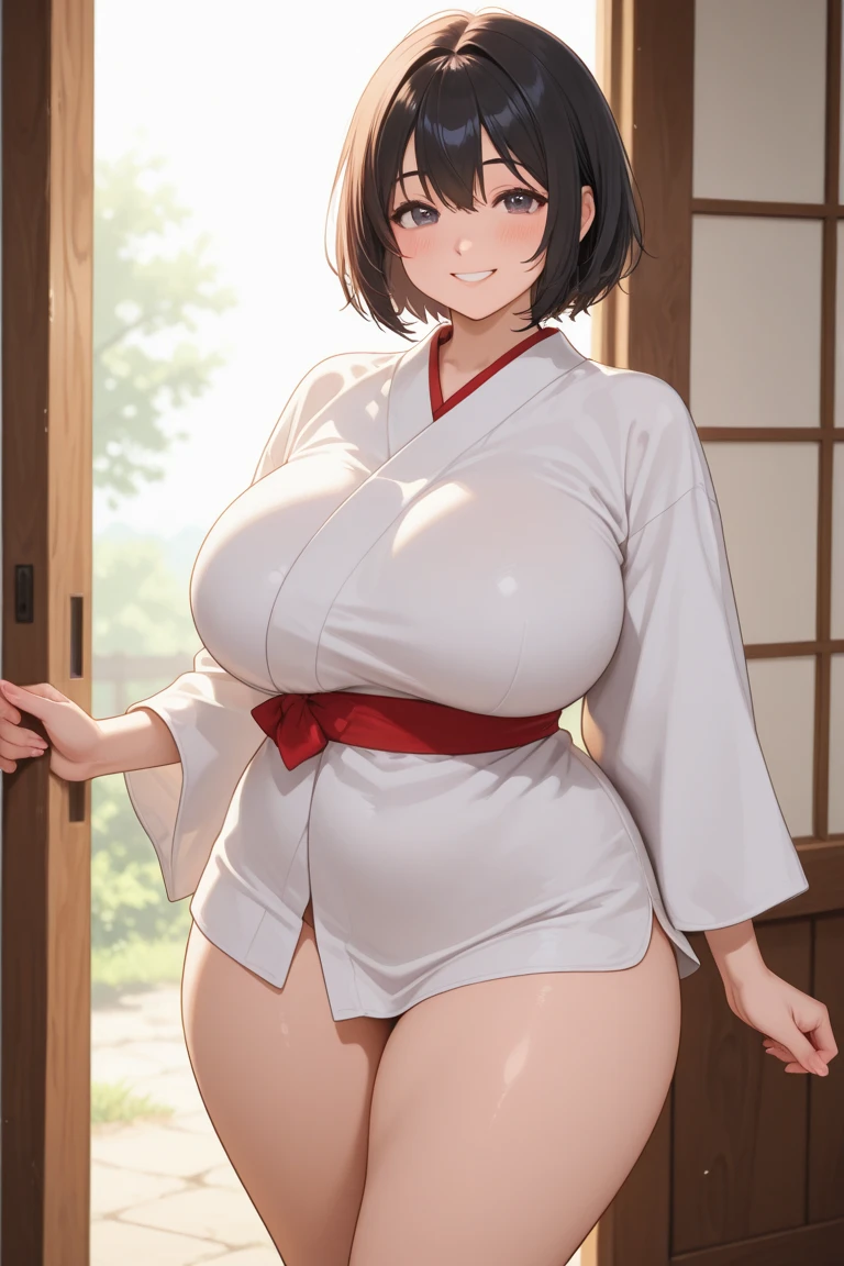 masterpiece, extra limbs, 1 japanese house wife, age sixties woman 60 years old, black chignon pubic hair, large breasts black nipples large dark areolas plump, (((satisfied))), pregnant, wedding ring, standing breast hold,(clothed kimono)