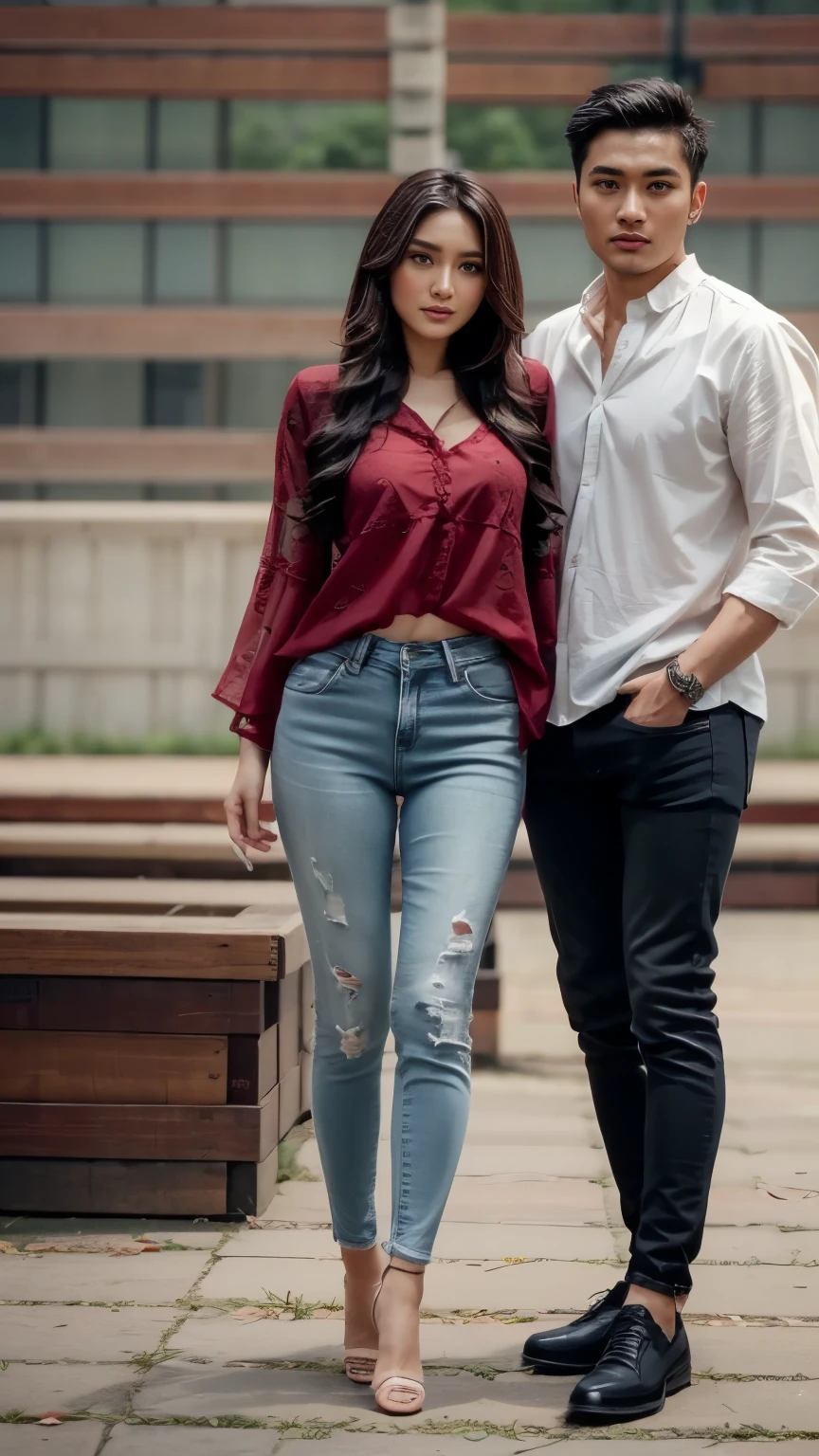 (RAW photo, best quality, highest quality, masterpiece:1.2), (realistic, photo-realistic:1.37), ultra high res, Tirkish couple (1 man 36 year's old 1 girl 30 year's old, Tirkish handsome:2.0), (summer night:1.3), ( both wearing couple White round neck plain Tee-shirt, regular fit baggy white Tee-shirt, grey bottom fold regular fit lose jeans:1.3), (standing on a street, wet wide road:1.4), high rise buildings, traffic, cars, yellow cabs behind, rainy weather, headlights, walking style, rainy atmosphere, full body, Red Oxford shoes, model style Posing, carrying shoulder leather laptop bag, (focus face:1.3), (high contrast:1.1), (detailed background:1.3), dynamic pose, intricate detail, delicate pattern, (vibrant, colorful:1.3), (high sharpness), middle eastern guy, fashion posing, short black hairstyle, plain regular fit lose Tee-shirt no printing on Teeshirt, light bearded, Turkish boy in walking style, wearing Ray-Ban dark sunglasses, girlfriend wearing white baggy tee-shirt, short sleeves basic Teeshirt, skinny ankle fit jeans with high heels, black wavy hairstyle.