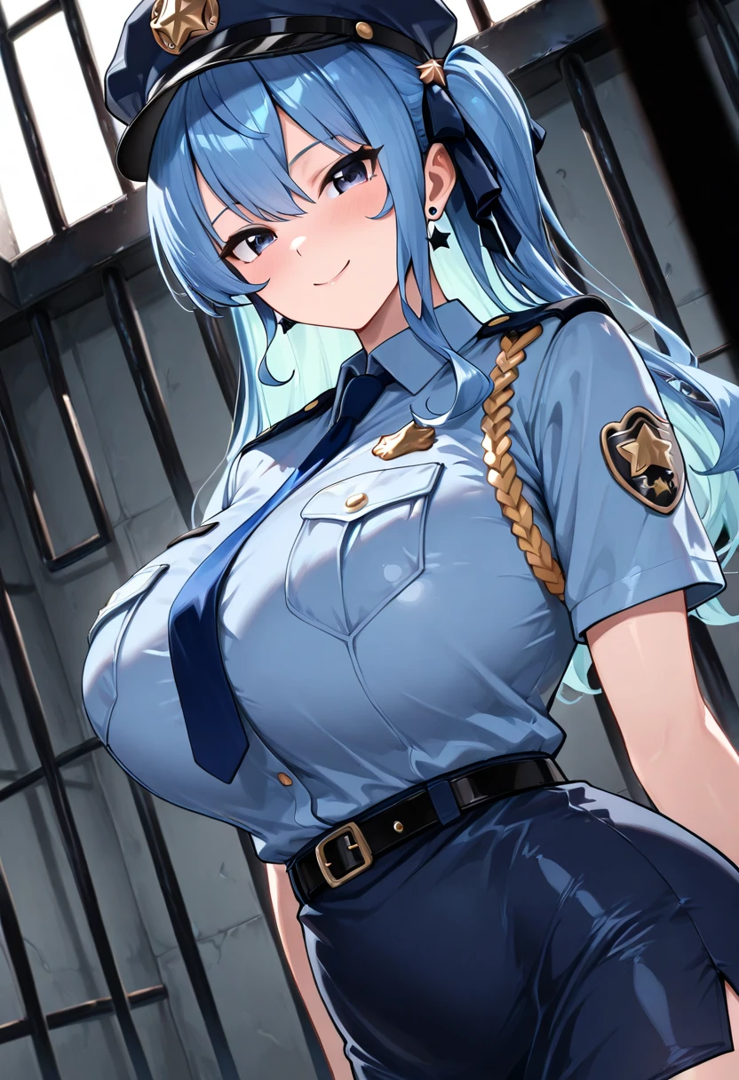 Masterpiece, beautiful art, professional artist, 8k, art style by sciamano240, very detailed face, very detailed hair, very detailed clothes, very detailed fabric, 1girl, perfectly drawn body, beautiful face, long hair, light blue hair , very detailed blue cat eyes, wearing a police uniform, pencil skirt, glasses, high heels, leg wear,  pouty lips , rosey cheeks, detailed background , intricate details in eyes, sitting at the bar, day time, having a drink, full body view,