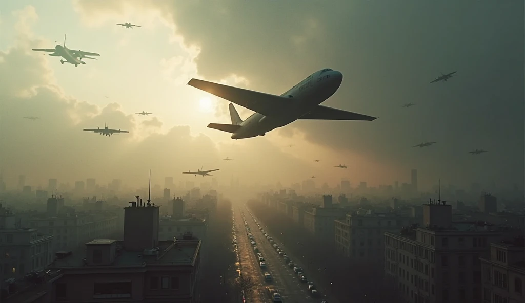 Design a movie poster for a fictional film about the Berlin airlift. Make it eye catching but also include essential details about the historical event. Include the Berlin aircraft as the central image. Use dark, muted tones that will convey the tension of the Cold War.