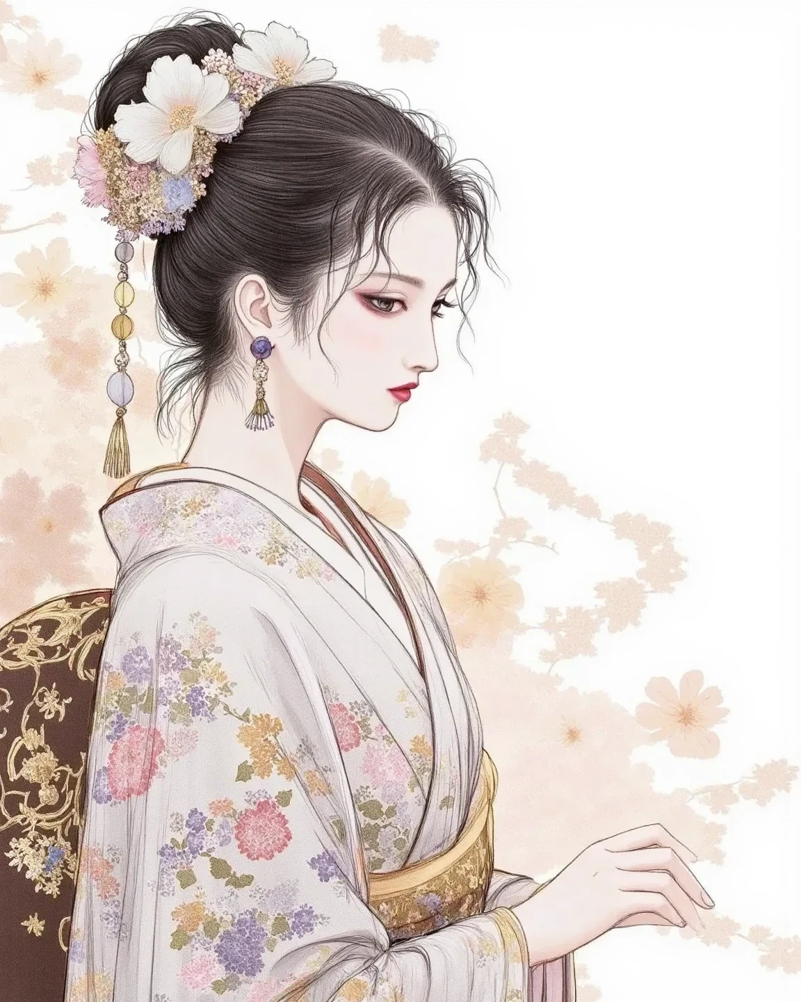 women in kimonos、dark eyes、Enchanting Melody、Graceful Notes、Rhythmic Score、Delicate decoration、Lines Expressing Emotion、Balanced Composition、realistic、Delicate Shading、Contrast of Light and Shadow、Warm Tones、elegant atmosphere、Painting-like Illustrations、Beautiful and Delicate Digital Art、4K High Resolution、Highest Quality、masterpiece