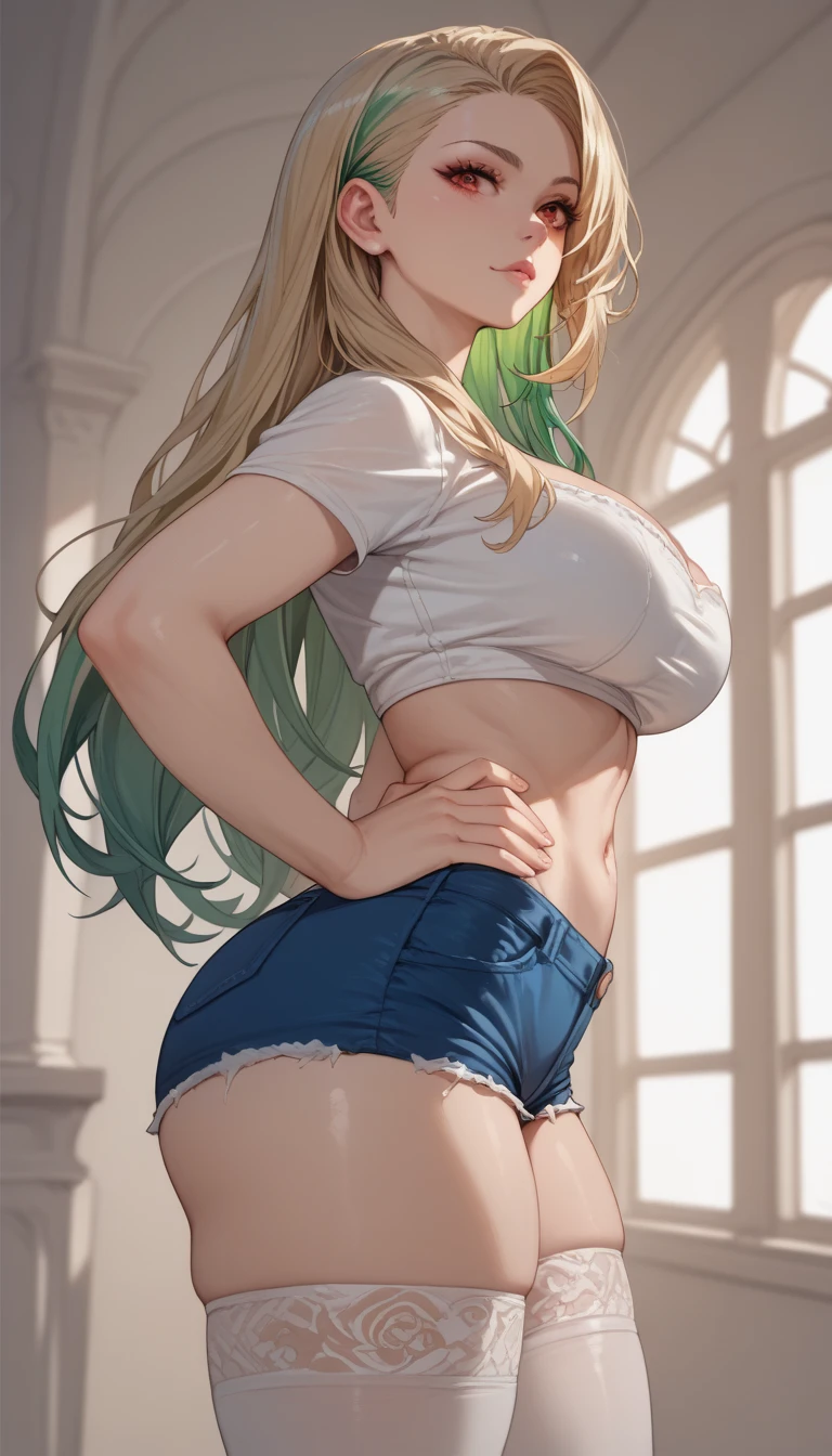 ((masterpiece)), ((best quality)), ((extremely detailed)), (perfect anatomy), illustration, high-res, absurdres, fantasy, prefect lighting, extremely beautiful, 1girl, sole, CasualCL, wearing CasualCL, shorts, tank top, thighhighs, full body, dynamic angle, underboob, perfect loop, looking at viewer, natured, toned, curvaceous, smile, expressionless, detailed eyes description. <lora:LucoaDM:1> <lora:add_detail:1>