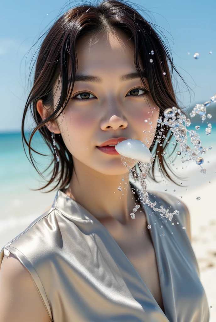 (in 8K、RAW Photography、top-quality、masterpiece:1.2)、(realisitic、Photorealsitic:1.37)、1girl in、japanes、femele、((Detailed face))、Detailed lips、(A detailed eye)、More skin、Double eyelids、((Wet Komono))、(Detailed nipples:1.3)、(cammel toe)、perfectbody、(Wet body:1.2)、shinny skin、((dark brown hair、Colossal tits:1.2))、(natural soft light、sand beach:1.4)、(Highly detailed facial and skin texture)、二重まぶた、((Ponytail))、(bangss)、(splash water:1.2)、((Close your eyes))、((under the rain))、(length hair)、((Eating shaved ice))、((Looking Up))、(Sit up)、