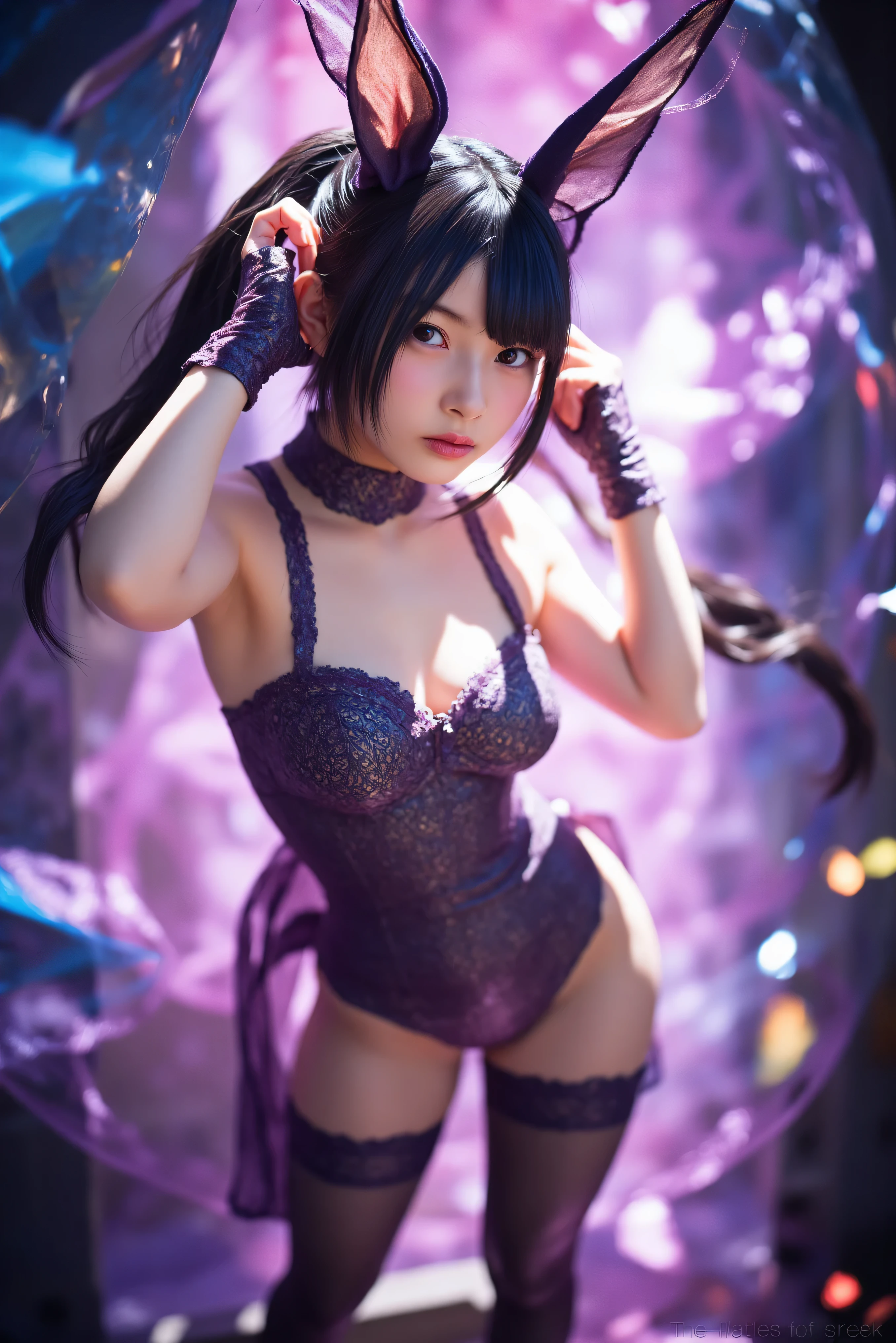 super high quality, 8k, RAW photo, realistic, cute succubus, lewd and sloppy look, heart-shaped micro bikini, wariza, looking down from below, slender, great proportion, background fantasy world, dancing iridescent