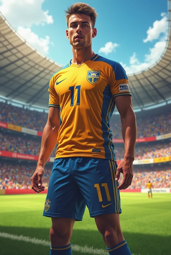 animated cartoon, Cartoon, Soccer boy, you are clear, Brown hair, number 15, blue and yellow uniform