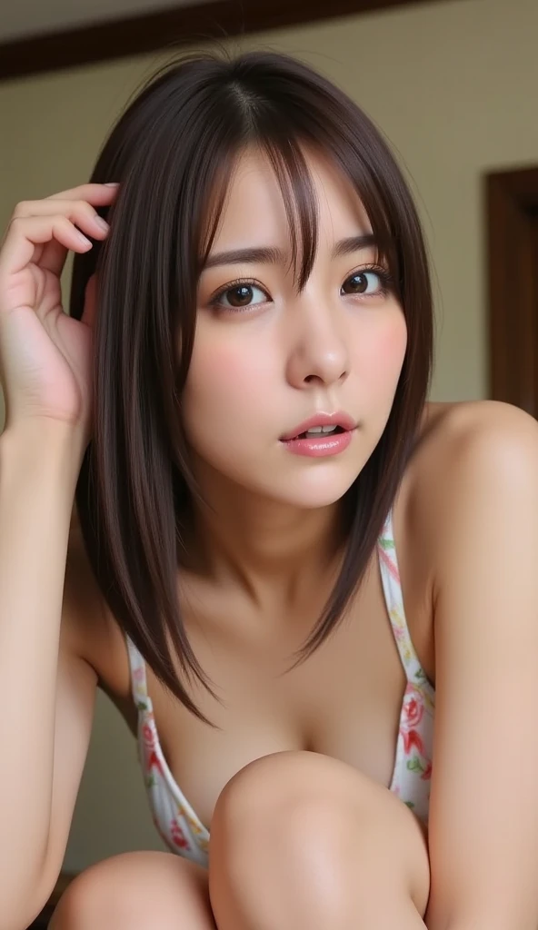 masterpiece, best quality, illustration, Super detailed, fine details, High resolution, 8K,wall paper, perfect dynamic composition,(Details High quality, realistic depiction of eyes:1.3), 1 girl, lying, short hair, (wavy hair:1.2), tanktop, Erotic shorts, Layered Cut, black hair color, Big Natural Color Lip, living room, crying a little、20 year old girl、cute type、Gravure Idol, full body photo、focus on crotch, very heavy chest