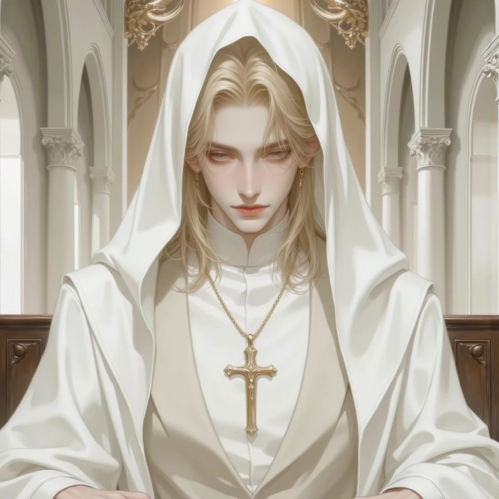 Blond boy with clear blue eyes,Priest white robe,There are blood stains on the white robe,Realism, crazy,meticulous,16 years ago
