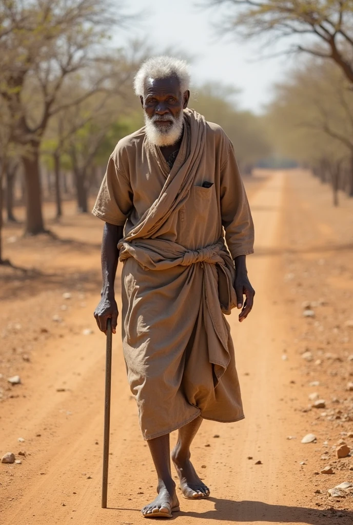 An old wise man, bare chested, tying a white asooke fabric across his left shoulder but it covers his bare chest, holding a long walking stick, wearing a black cap, he wears a sandals.