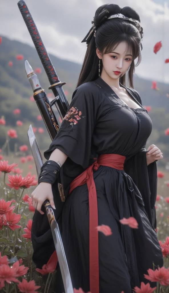On the mountain coast,A beautiful dragon girl,long hair shawl,Big breasts,Wearing Immortal Clothes,Sword,Perform sword dance alone
