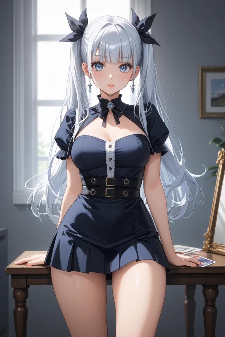 top-quality、Realistic、bule、large full breasts、Super huge、big eye、long lashes、Long upper eyelashes、voluminous eyelashes、Platinum Blonde Hair、Voluminous long hair、blue eyes、cute little、Extraordinary beauty、shining white skin、thighs thighs thighs thighs、thin arm、thin-waist、full body Esbian、Kamimei、black langerrie、A smile、Flushed cheeks、Room with no lights、Sunlight shining through gaps、Eyes are hearts、Tremendously large breasts