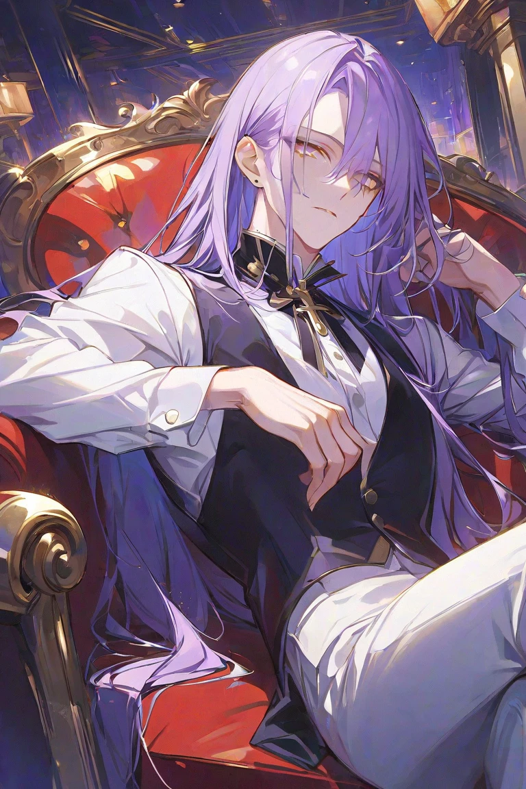 One boy, good looking, masterpiece, best quality, beautiful boy, smiling, fair skin, light purple hair, red pupils, corset, pants, sitting, chains, in the mist, anime