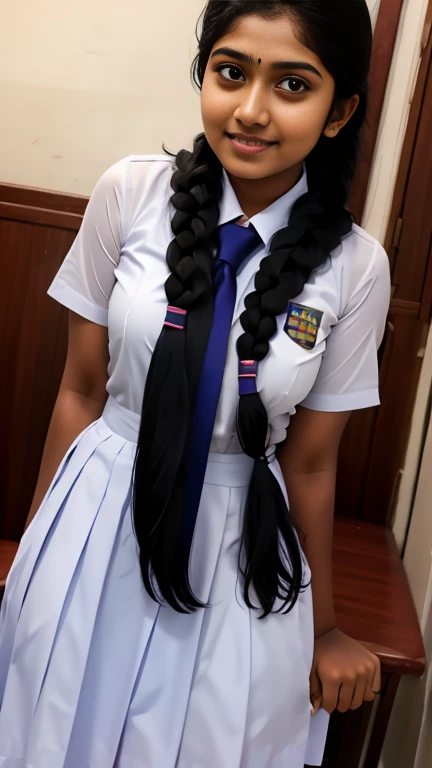 Very Busty young black girl wearing uniform very short skirt, very long patterned socks, tie, glasses, massive huge breasts, long hair in braided pigtails, upskirt, full length picture to the ground, wearing trainers, breasts bursting out of her top