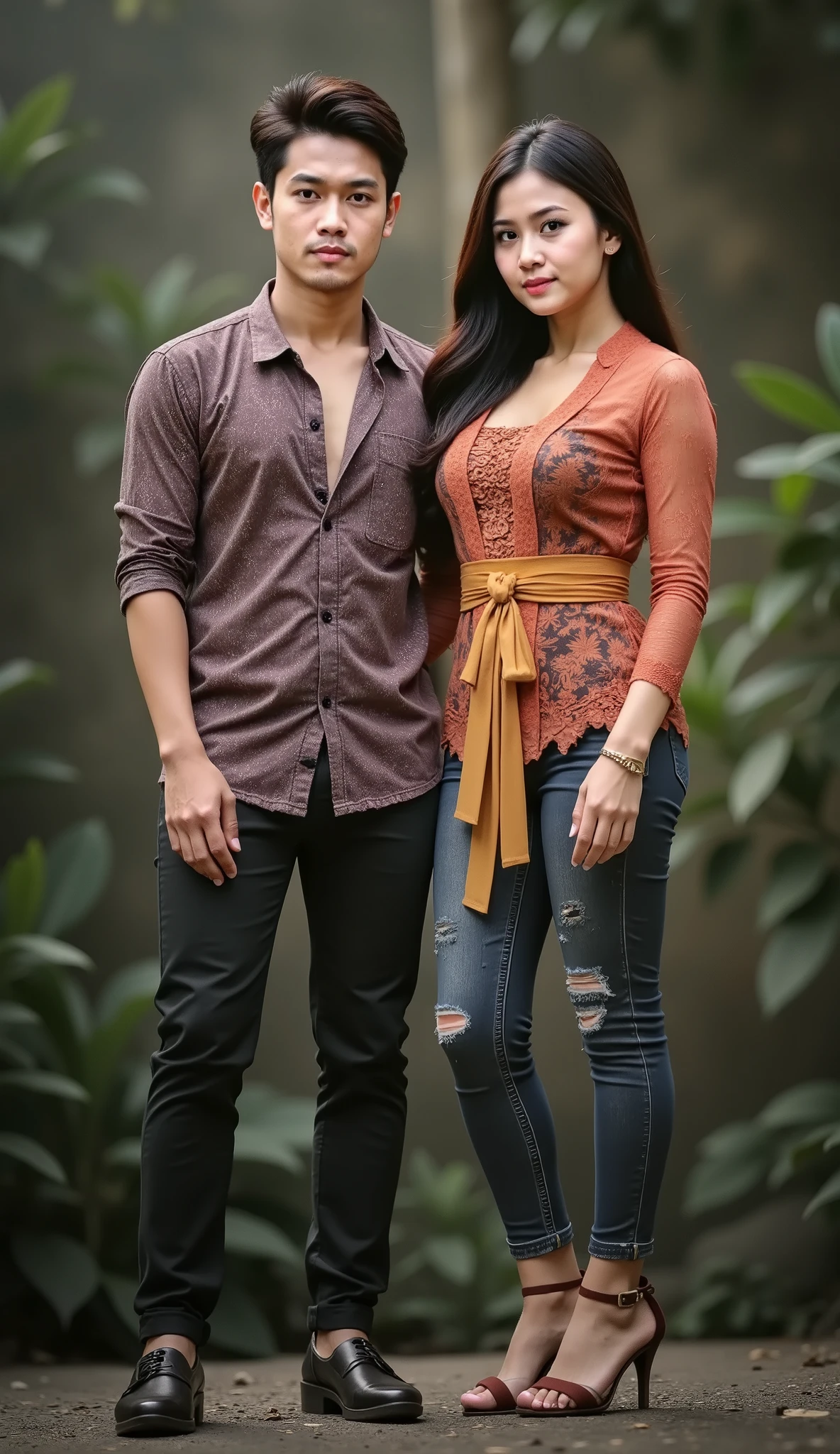 an Indonesian man and an Indonesian woman standing next to each other, an image, inspired by Adam Dario Keel, which is trending in the cg community, a handsome young Indonesian man with a beautiful young Indonesian woman with black tangled hair, a man dressed in a shirt with shoes and a woman dressed in a shirt and skinny jeans and heels. singer, movie screencap, model elisajes from acquamodels, ultrarealistic, 32k, clear, detail
