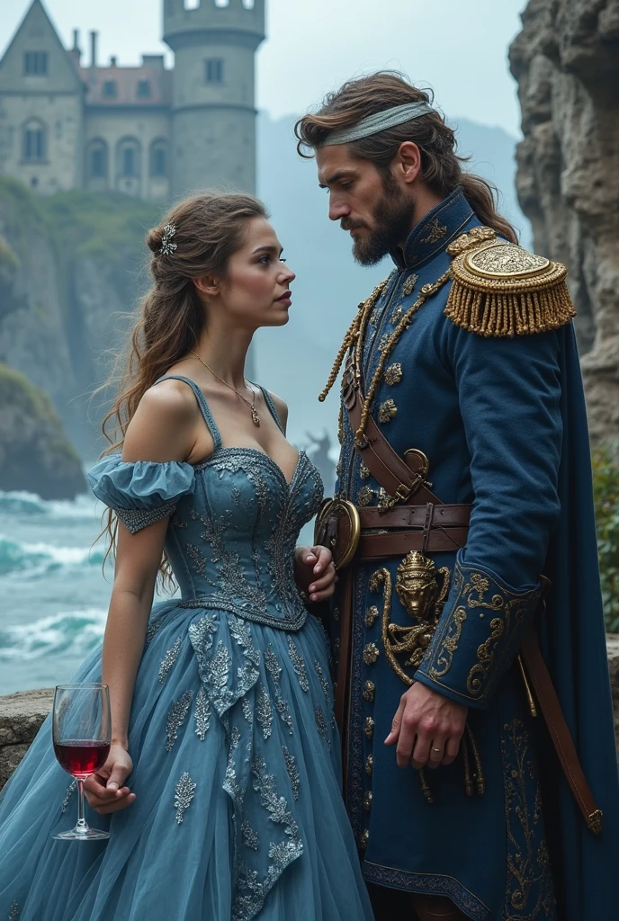 A pirate with an angry expression, with tanned skin and messy black hair, olhos azuis profundos e marcantes, he is hugging a princess wearing royal clothing in 1850, a blue dress, she has brown hair and is pale, behind them there is a pirate ship