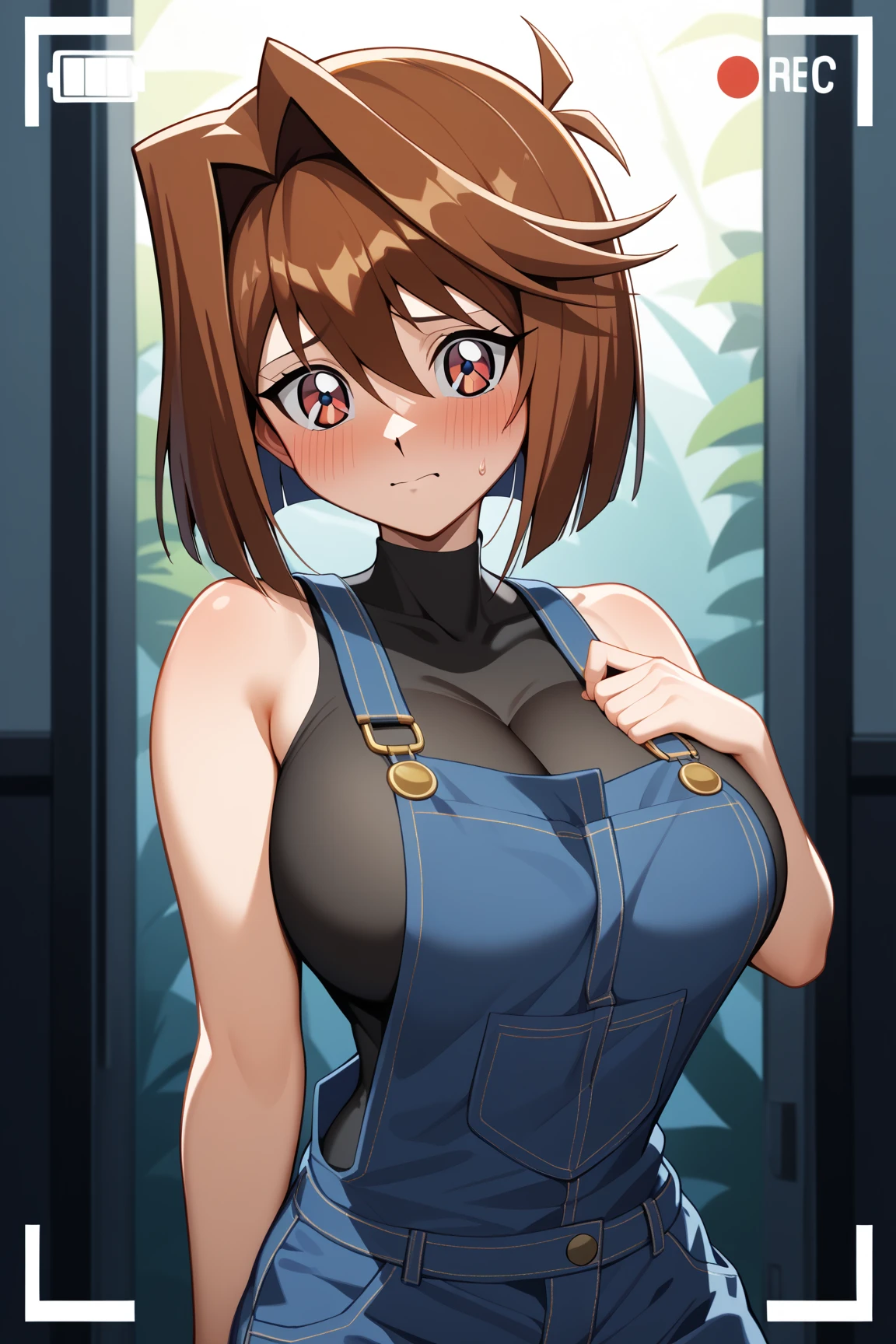 girl shit in her overalls. Her overalls is messy and dirty with shit.