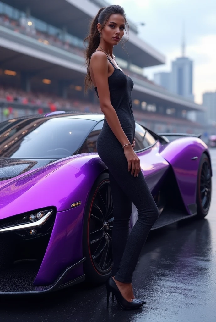 a beautiful girl in a tight dress posing next to a superdeportive car, hyper realistic, 8k, cinematic lighting, detailed facial features, photorealistic, volumetric lighting, dramatic shadows, highly detailed, intricate details, stunning, exquisite, flawless skin, elegant pose, impeccable fashion, glossy car paint, smooth metallic reflections, depth of field, cinematic framing