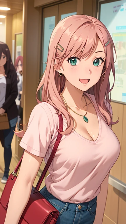 masterpiece, best quality, high resolution, UHD, RTX, pixel perfect, depth of field, 4k, highly detailed, 1 girl, single, solo, beautiful anime girls, beautiful art style, anime characters, long hair, parted bangs, middle part bangs hair, cute hair tie, red hair, green eyes:1.4, round eyes, beautiful eyelashes, realistic eyes, detailed face, blush:1.2, fine texture:0.75, realistic texture:0.65, photorealistic:1.1, CG anime style, color fair, medium breasts, covered cleavage, dynamic angle, perfect body, first point of view, dynamic pose, looking at the viewer, wearing a pink kucu knit sweater, white t-shirt under the sweater, blue jeans, fashionable, single handbag, 1 diamond necklace , cute earrings, warm smile, open mouth, shy, cafeteria, leaning forward