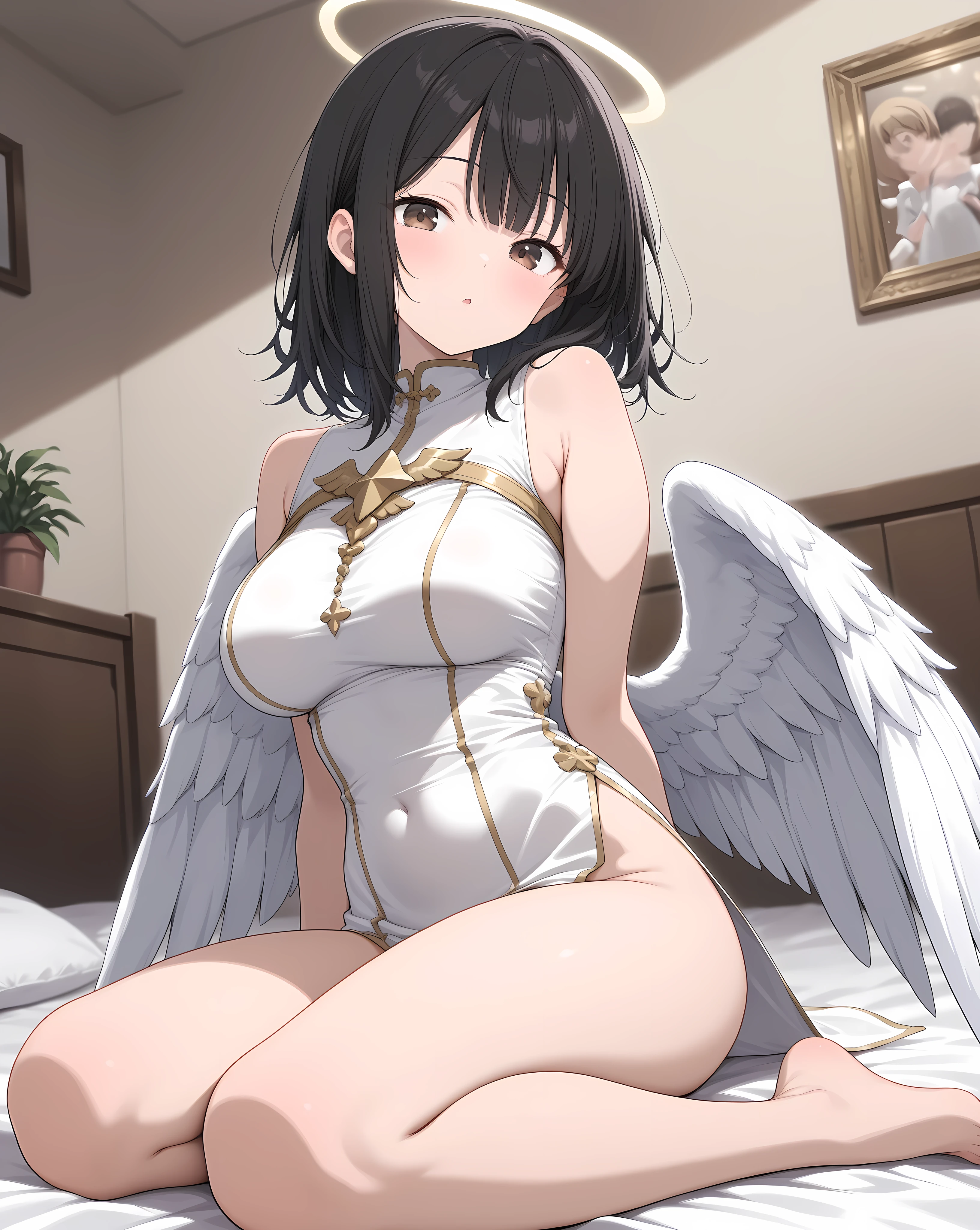 Brown hair, white eyes, large breasts, sexy, beautiful body, masterpiece, bed, smile, angel wings