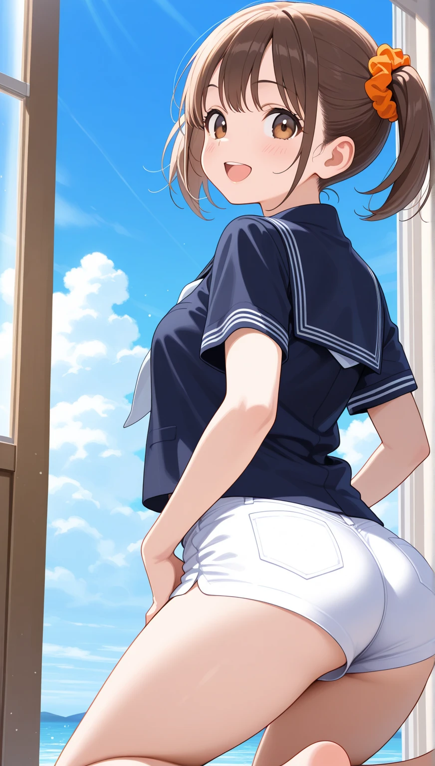 masterpiece, best quality, extremely detailed, anime, girl, ((short hair,)) ((two side up,)) (((wavy hair,))) hair between eyes, ((dark brown hair,)) blue eyes, (((slant eyes,))) (((tsurime,))) (((white pupil,))) pale skin, (tiny,) rotund, small breasts, white dress, red hair ribbon, (black thighhighs,) fang, (((ass forcas,))) striped panties, smile, ((from below,)) skirt lift, closed mouth, gleaming skin, glistening skin,