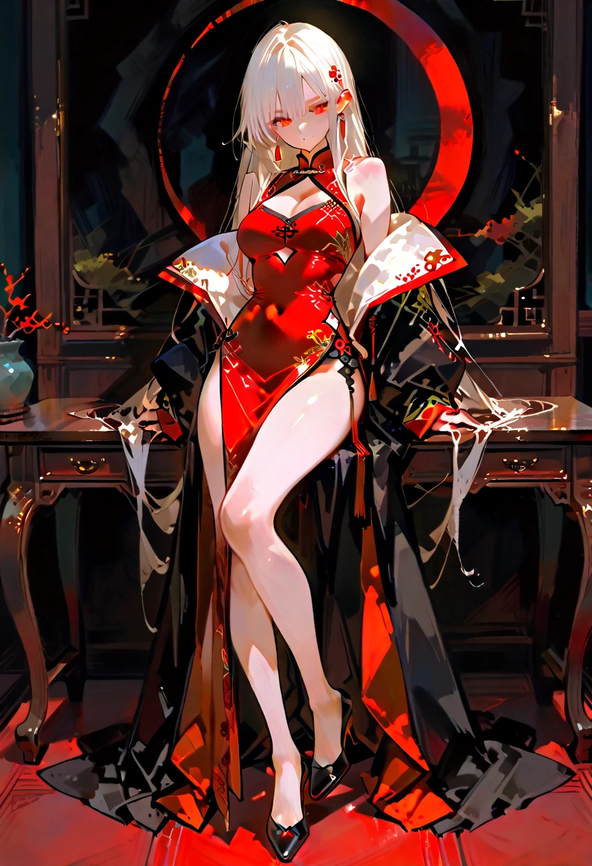 8K, Surrealism, masterpiece, best quality, Very detailed, high resolution, Random Background, 1 girl, (:1.5), Yao Liuer, Red cheongsam,translucent,black hair,permanent,whole body,High heel,High heel,whole body,white silk